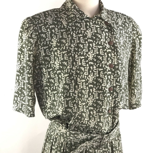 VINTAGE Liz Roberts Green Printed Belted Dress 10 - Picture 5 of 8